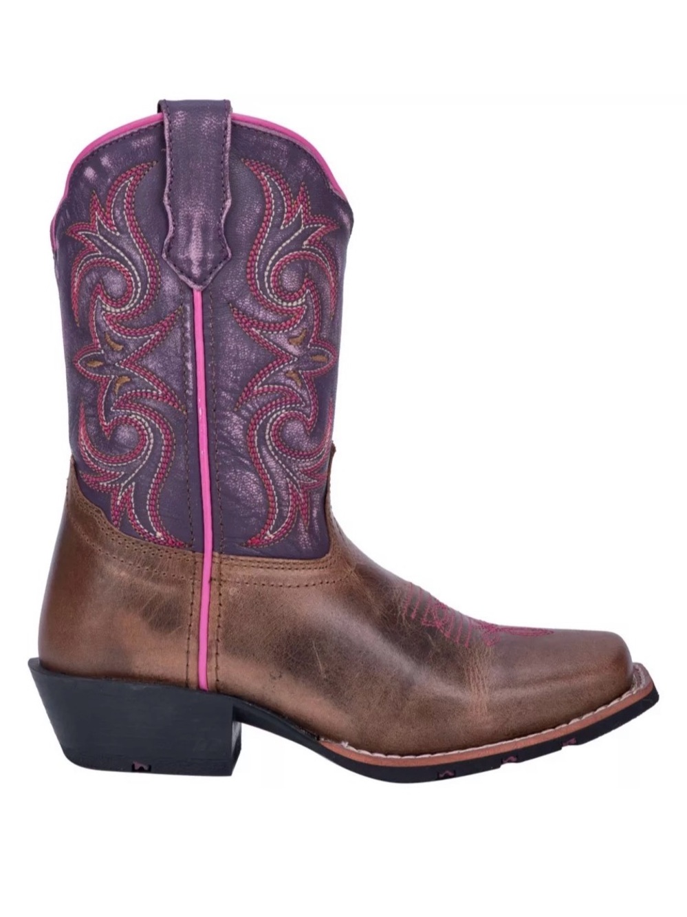 Dan Post Girls' Brown Leather Western Boot with Purple Shaft and Pink Trim NWT